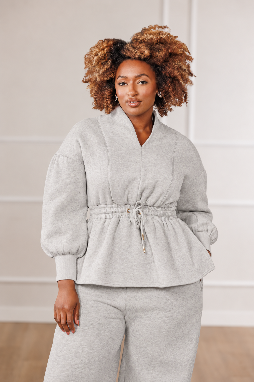 Presley Fleece Puff Sleeve Top - Heather Grey