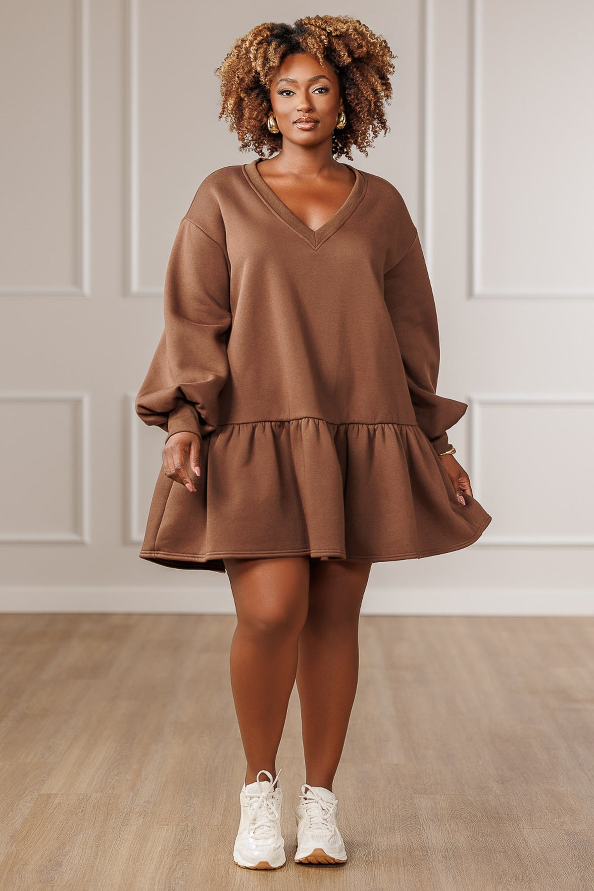 Nina Fleece Ruffle Hem Dress - Mocha