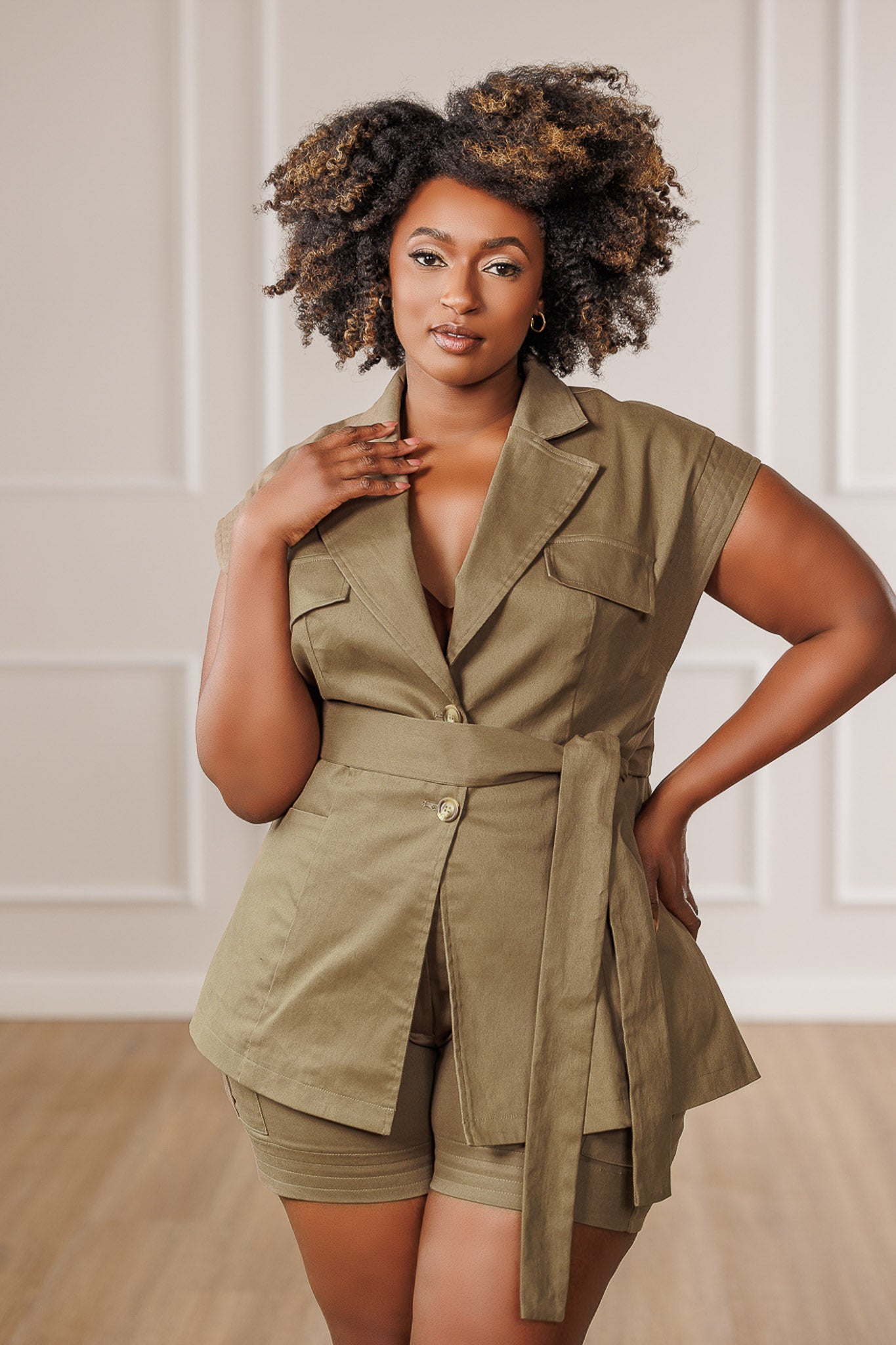 Kristen Cap Sleeve Belted Vest - Olive