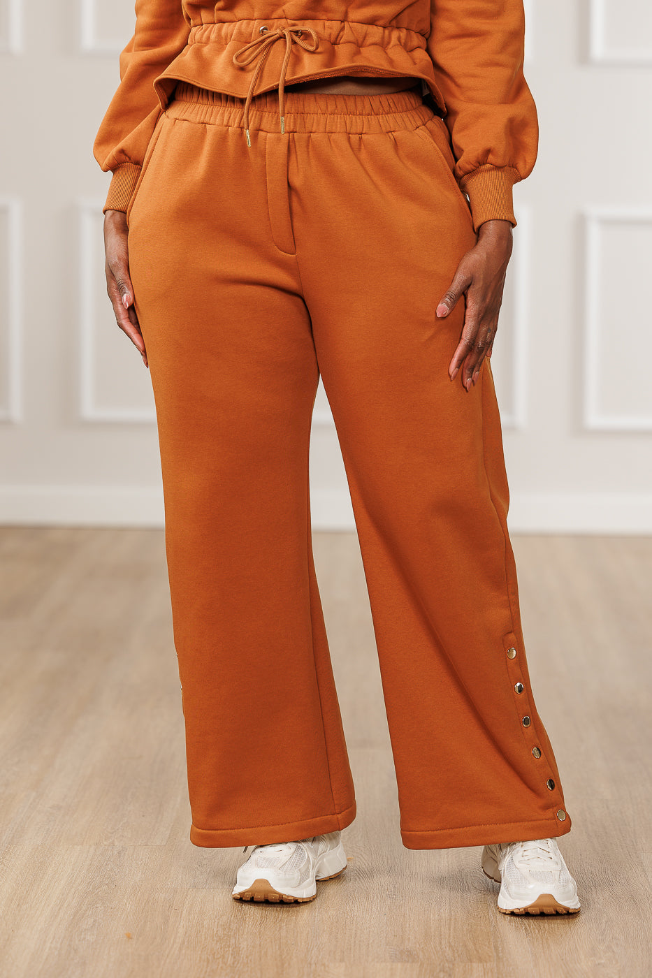 Leila Fleece Wide Side Snaps Pants - Cognac