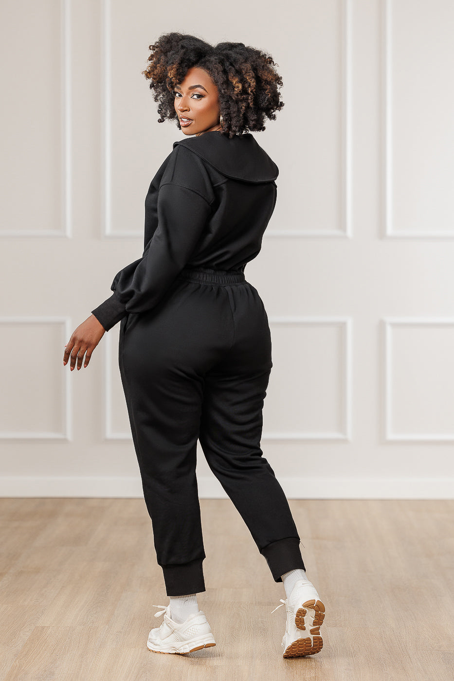 Sutton Fleece Puffed Sleeve Jumpsuit - Black