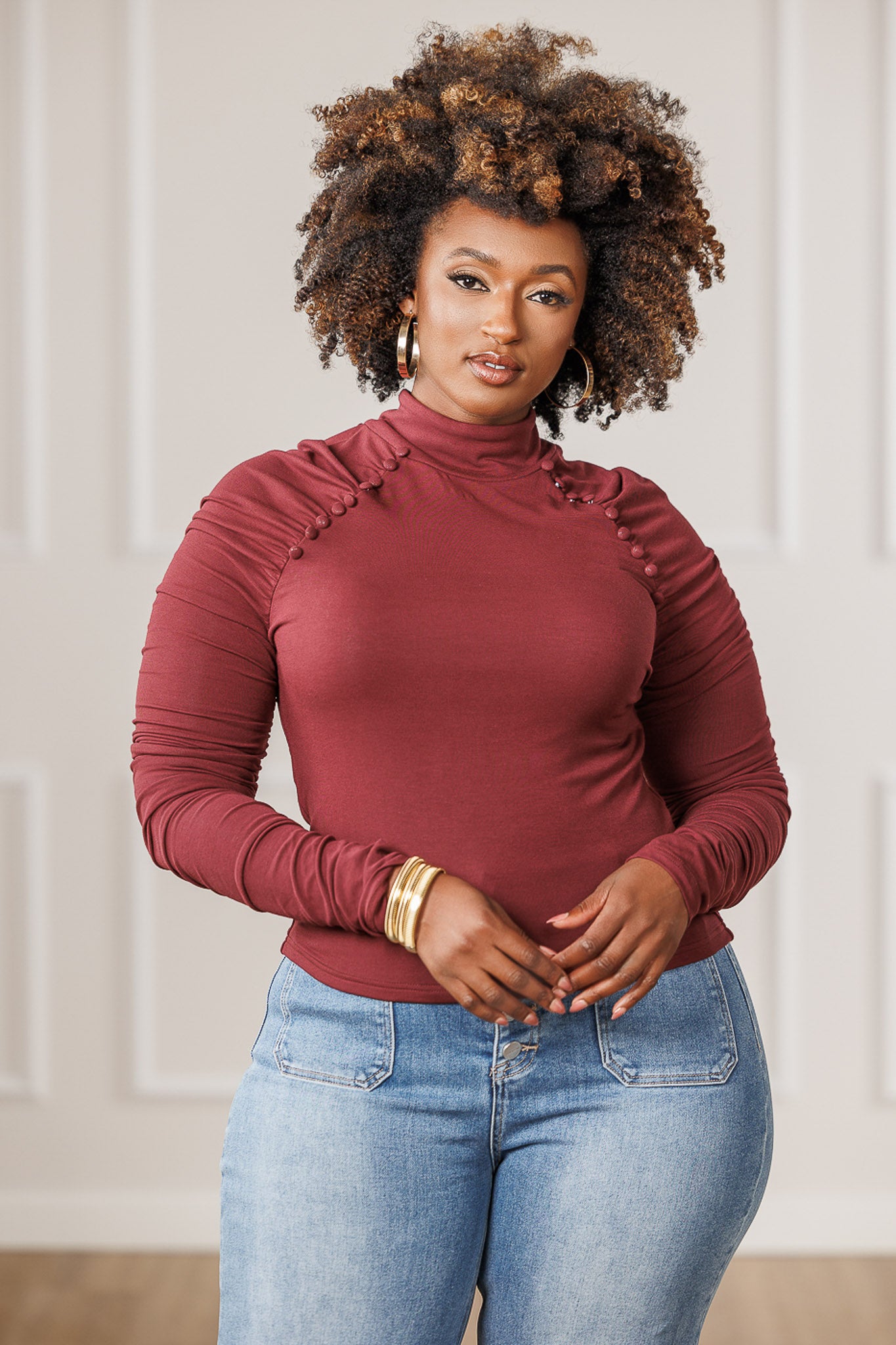 Abbey Ruched Sleeve Top - Plum