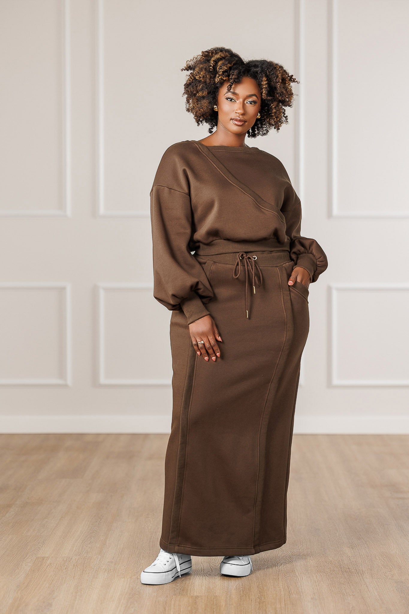 Carmella Fleece Ribbed Seams Skirt - Mocha