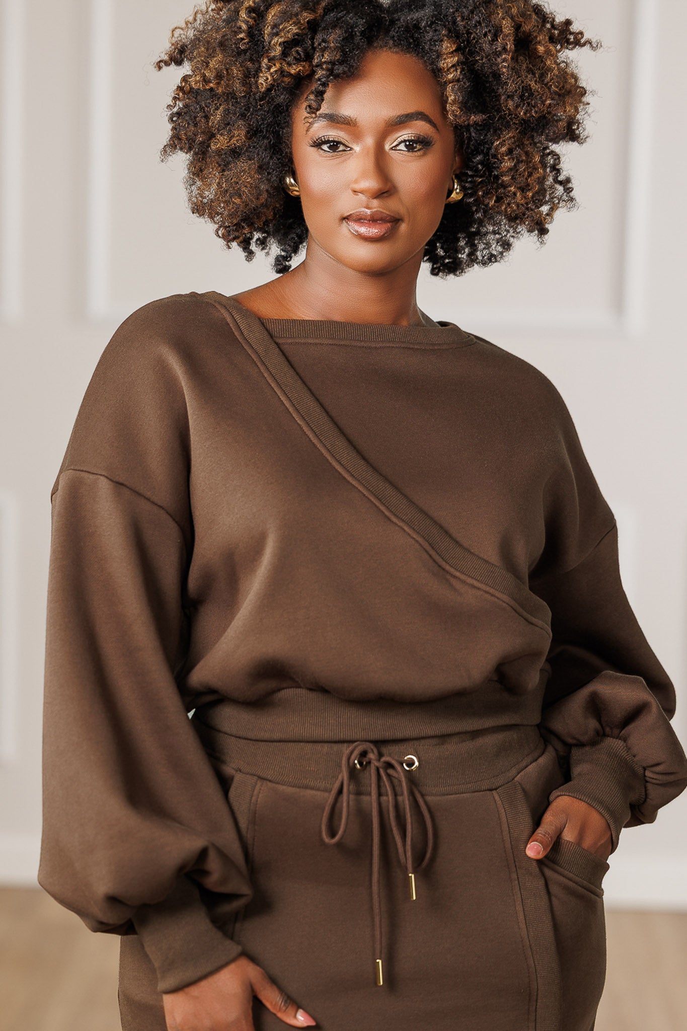 Vivian Fleece Surplice Sweatshirt - Mocha