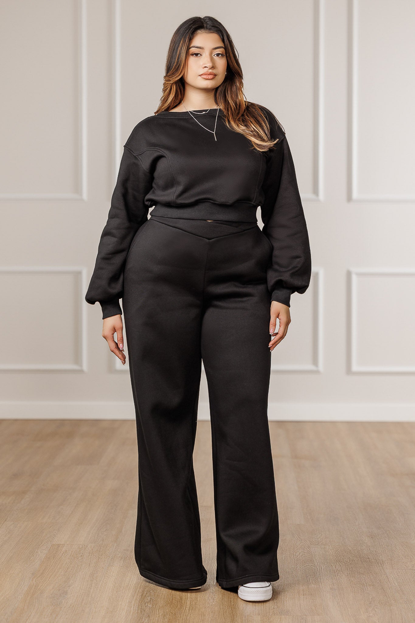 Nolan Fleece Tulip Waistband Pants - Black
