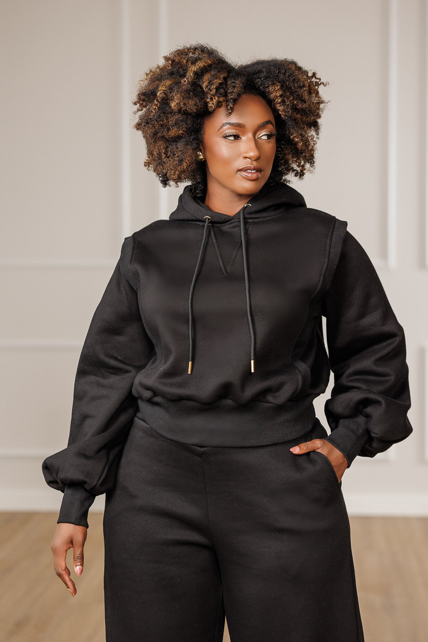 Blaire Fleece Overlay Hooded Jacket - Black