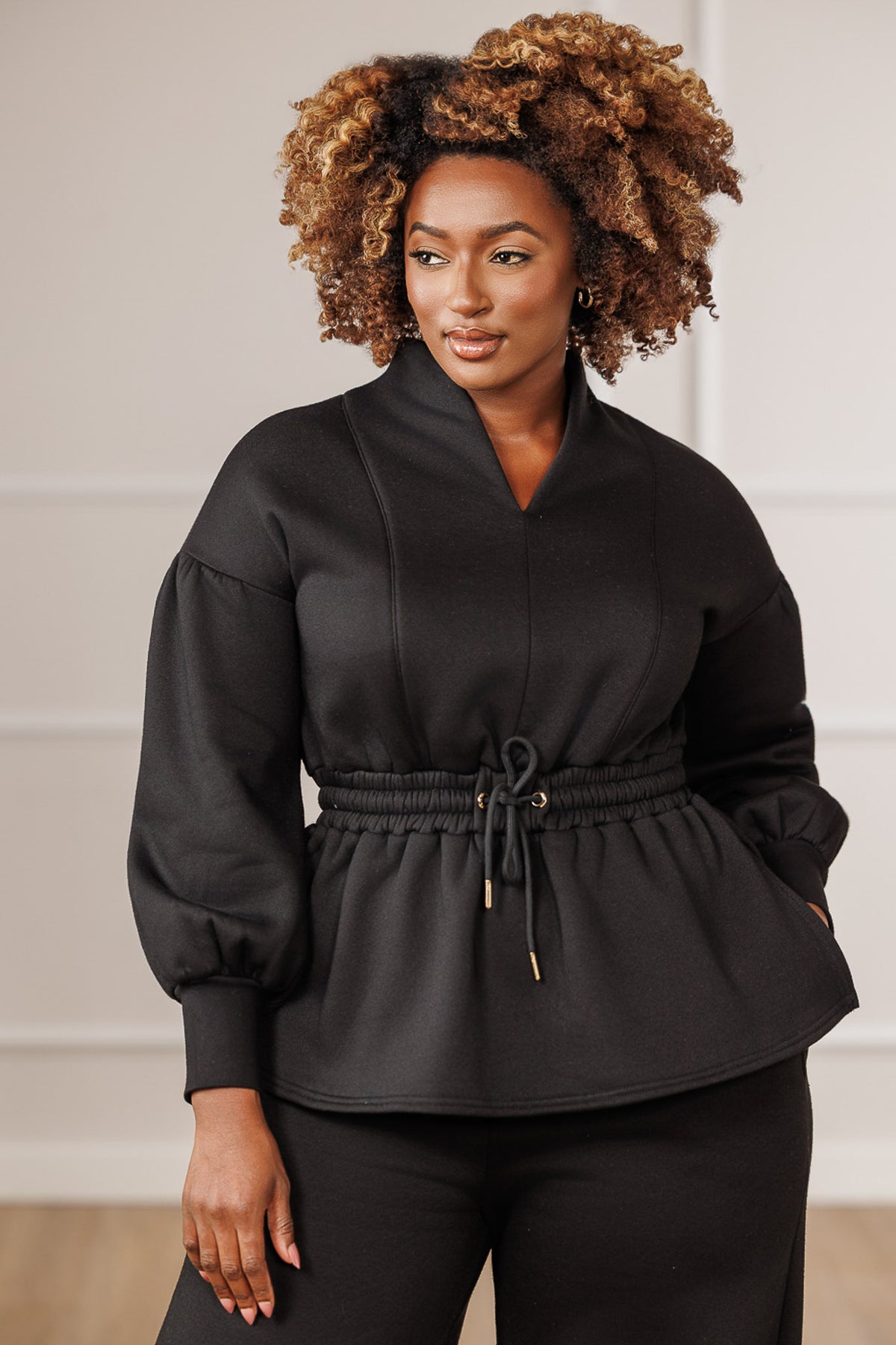 Presley Fleece Puff Sleeve Top - Black