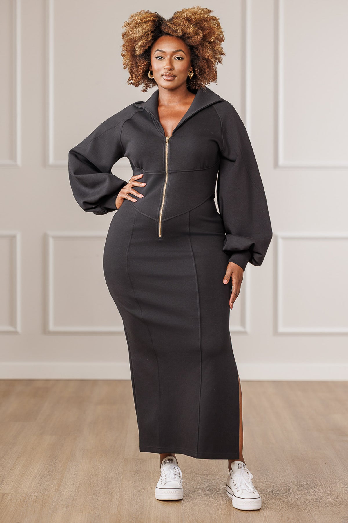 Scottie Front Zip Side Slit Dress - Black