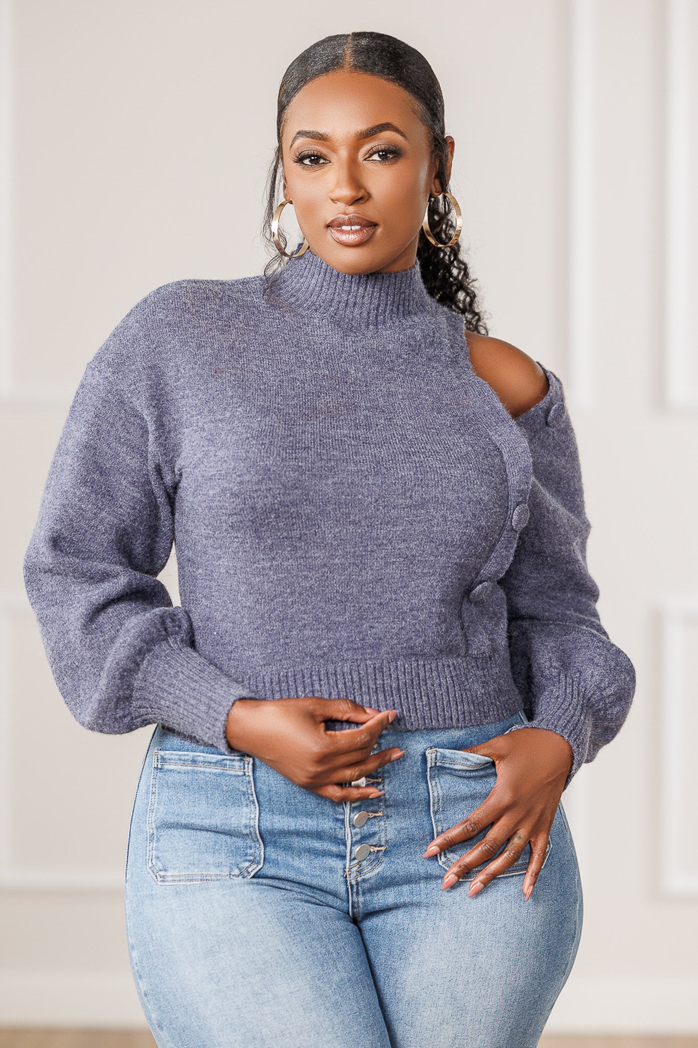 FINAL SALE - Saylor Off-Shoulder Sweater - Blue
