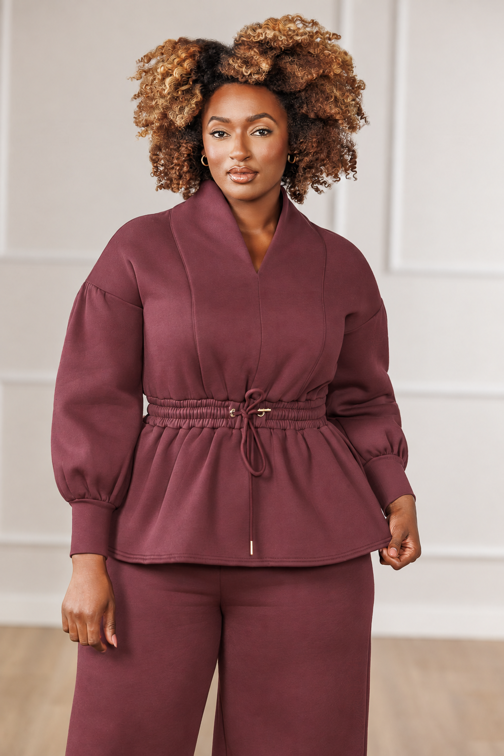 Presley Fleece Puff Sleeve Top - Maroon
