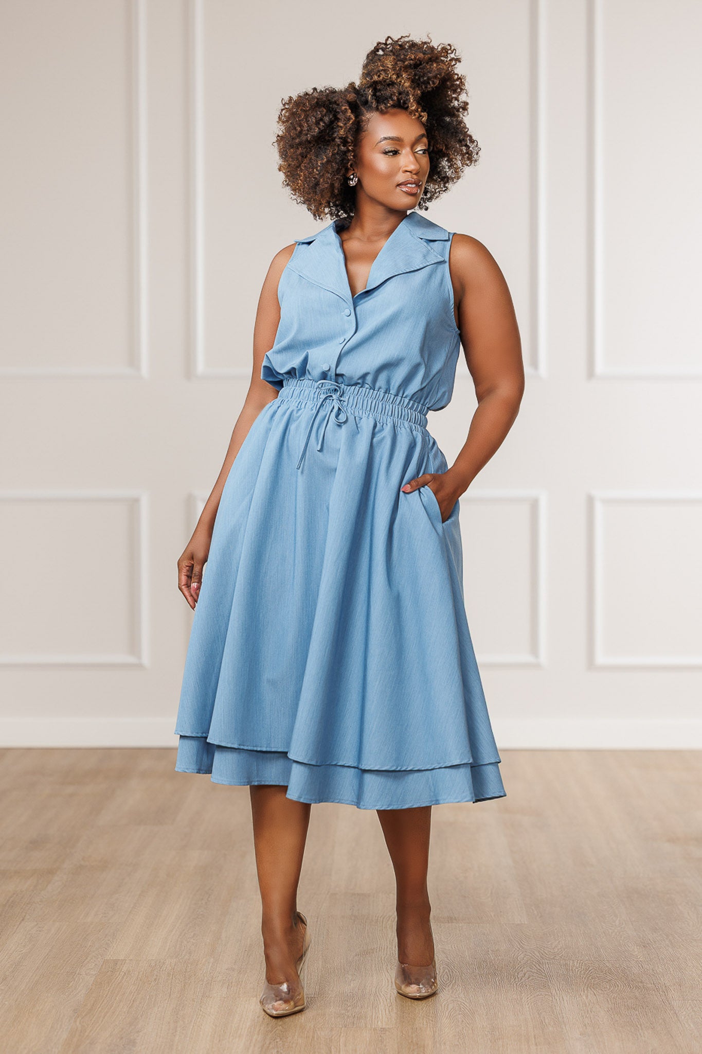 FINAL SALE - Indie Collared Sleeveless Midi Dress