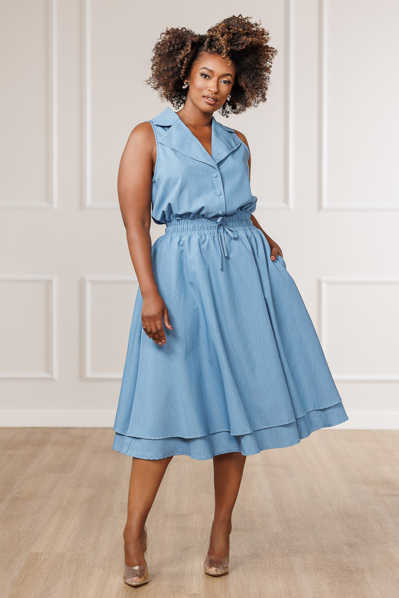 FINAL SALE - Indie Collared Sleeveless Midi Dress