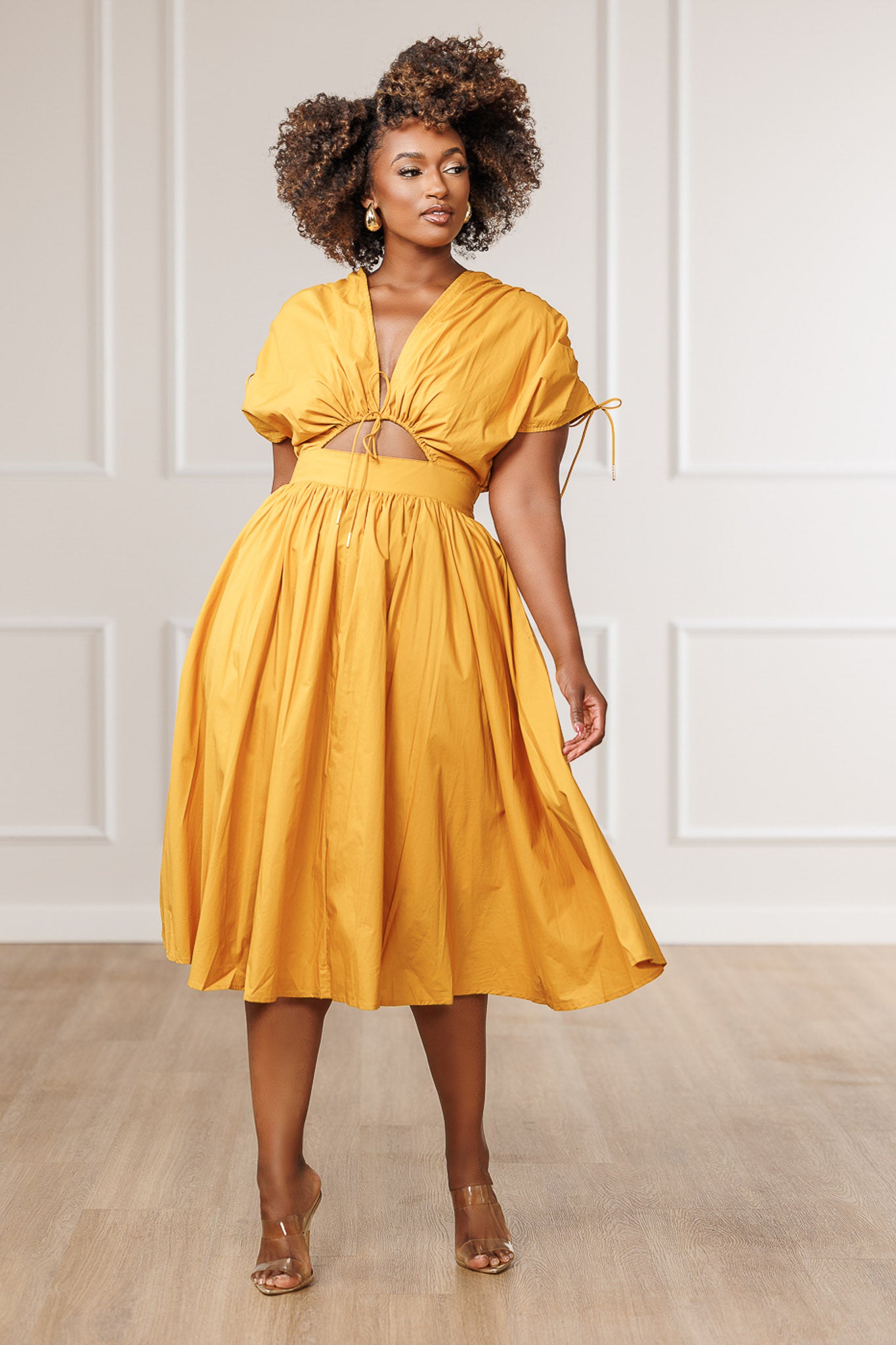 FINAL SALE - Naomi Ruched Cut Out Dress - Mustard