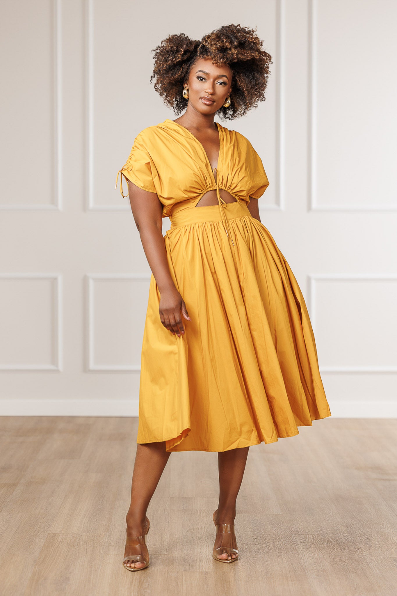 FINAL SALE - Naomi Ruched Cut Out Dress - Mustard