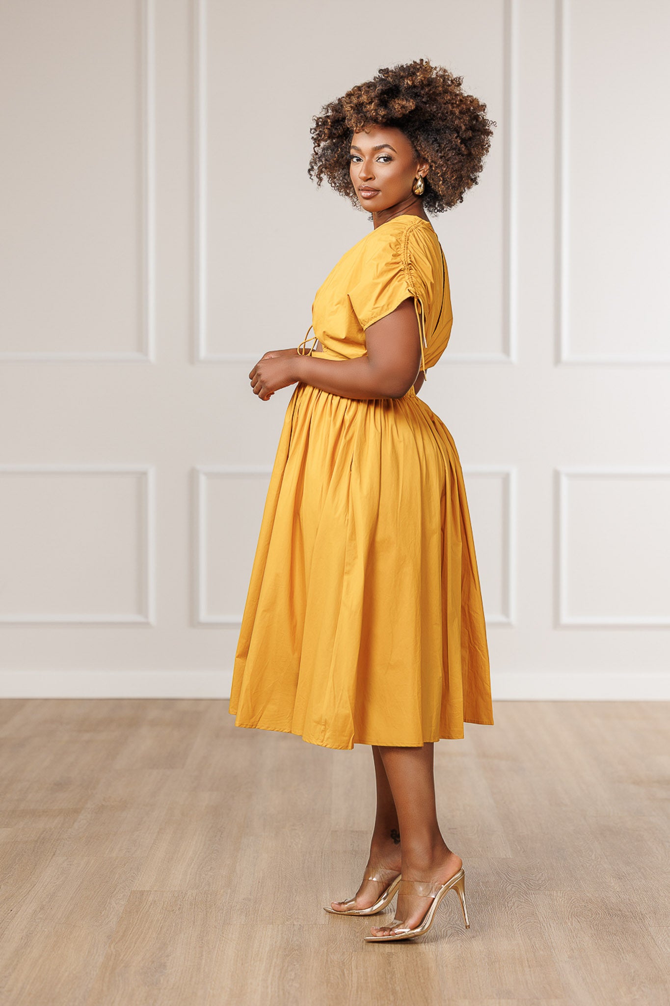 FINAL SALE - Naomi Ruched Cut Out Dress - Mustard