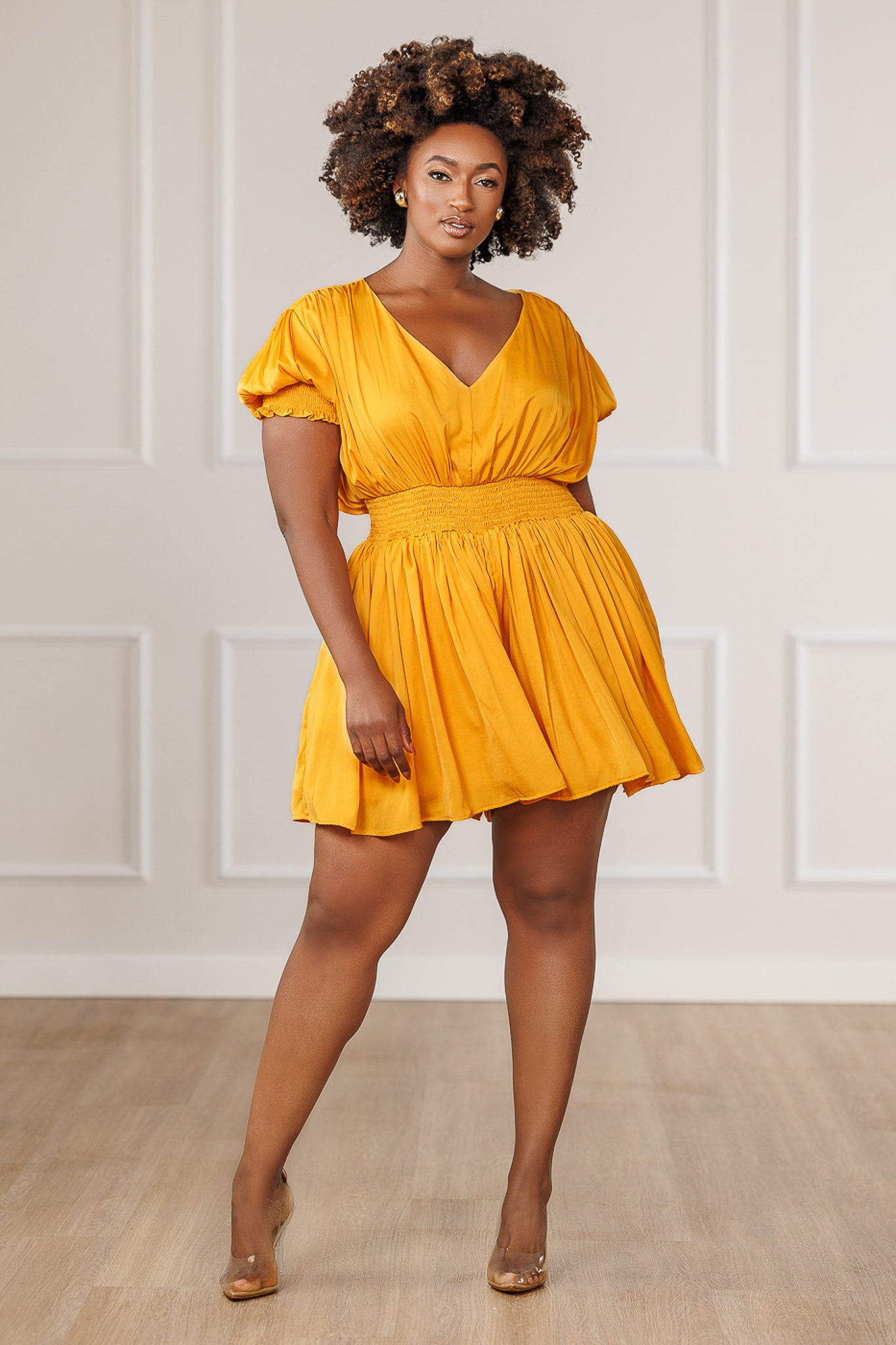 FINAL SALE - Aubrey Plunging Neck Romper - Mustard