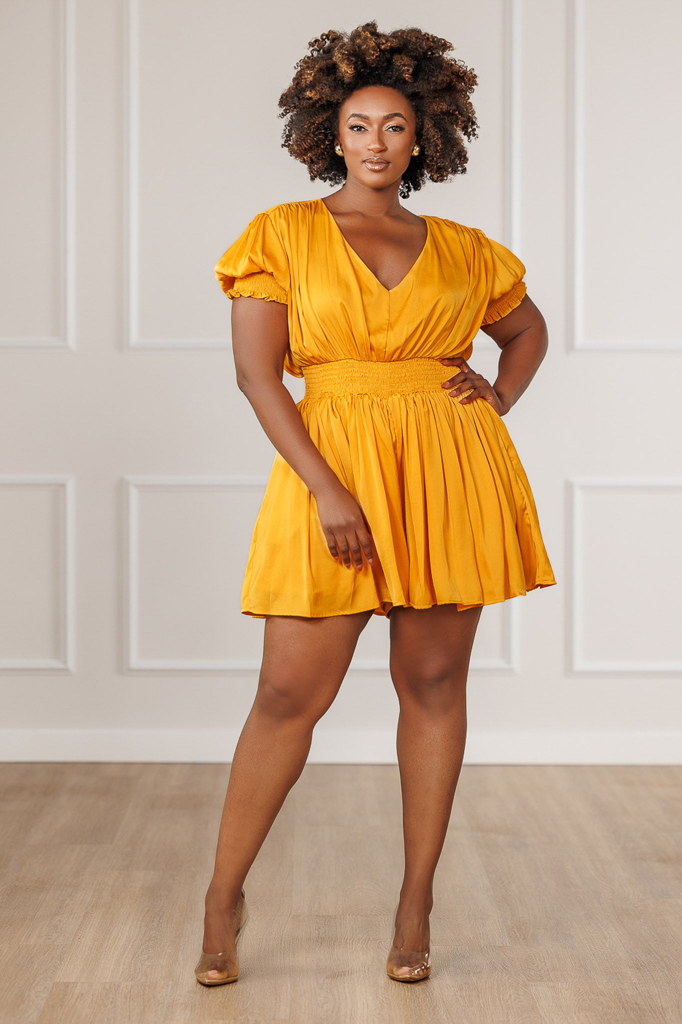 FINAL SALE - Aubrey Plunging Neck Romper - Mustard