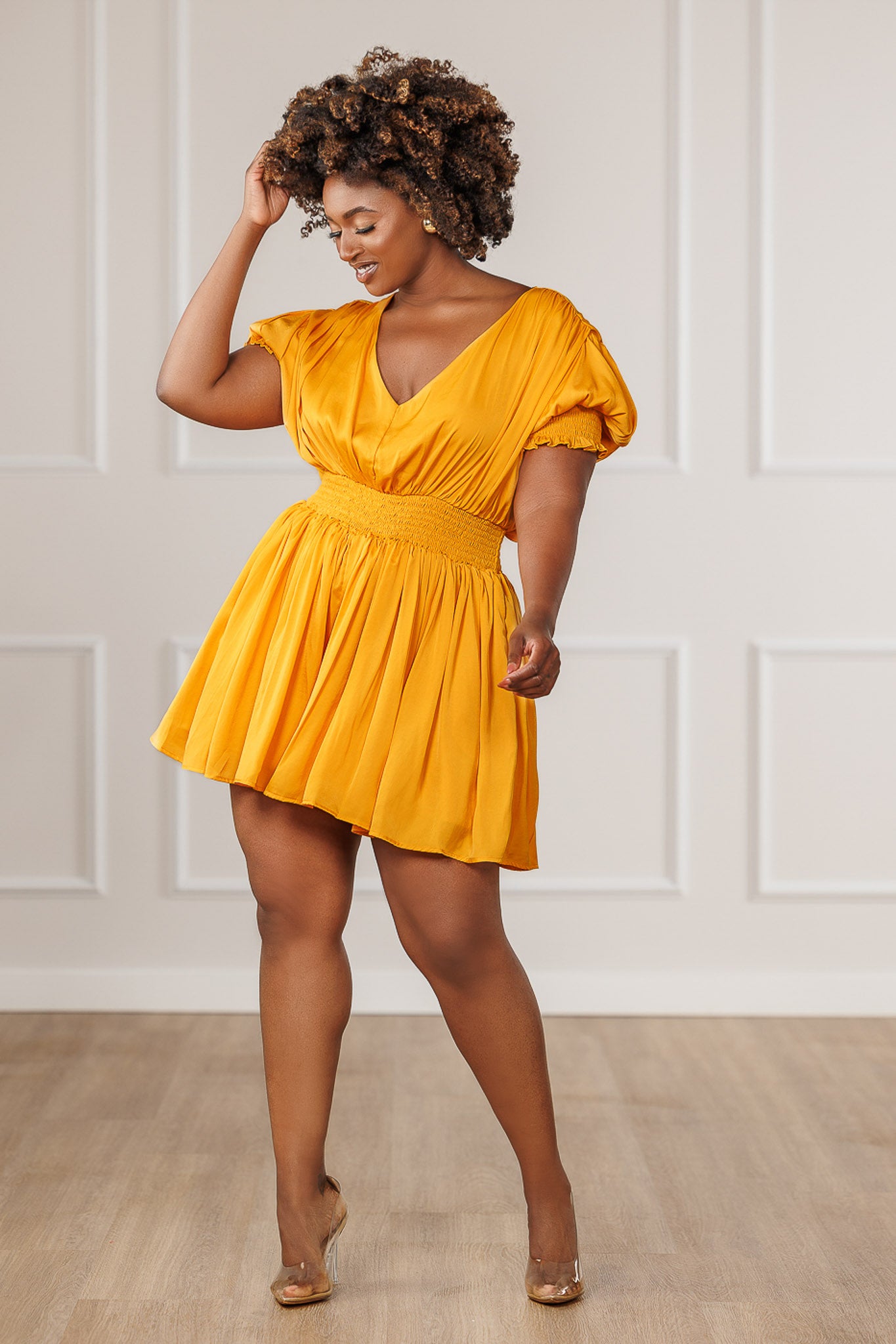 FINAL SALE - Aubrey Plunging Neck Romper - Mustard