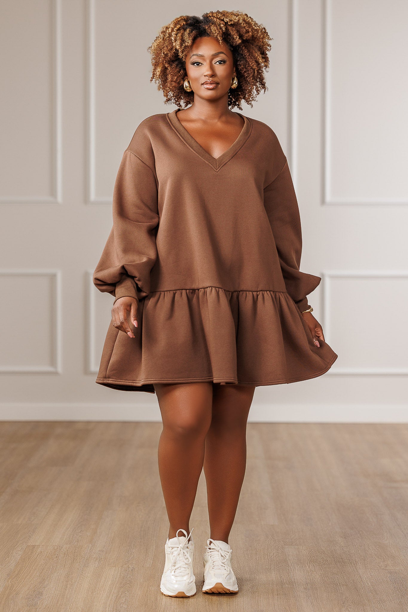 Nina Fleece Ruffle Hem Dress - Mocha