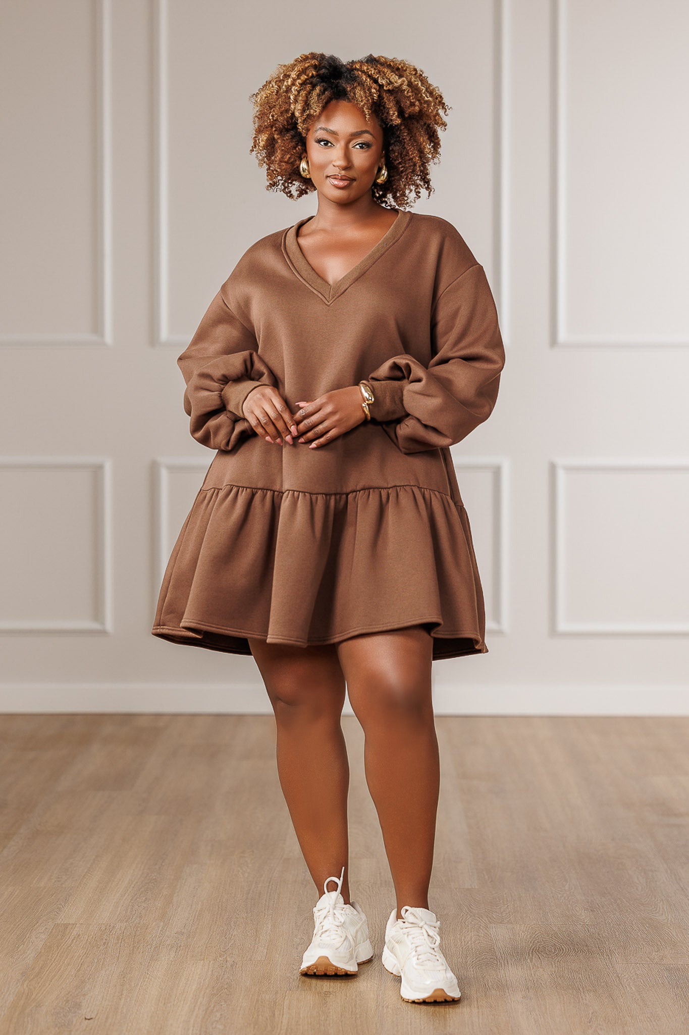 Nina Fleece Ruffle Hem Dress - Mocha