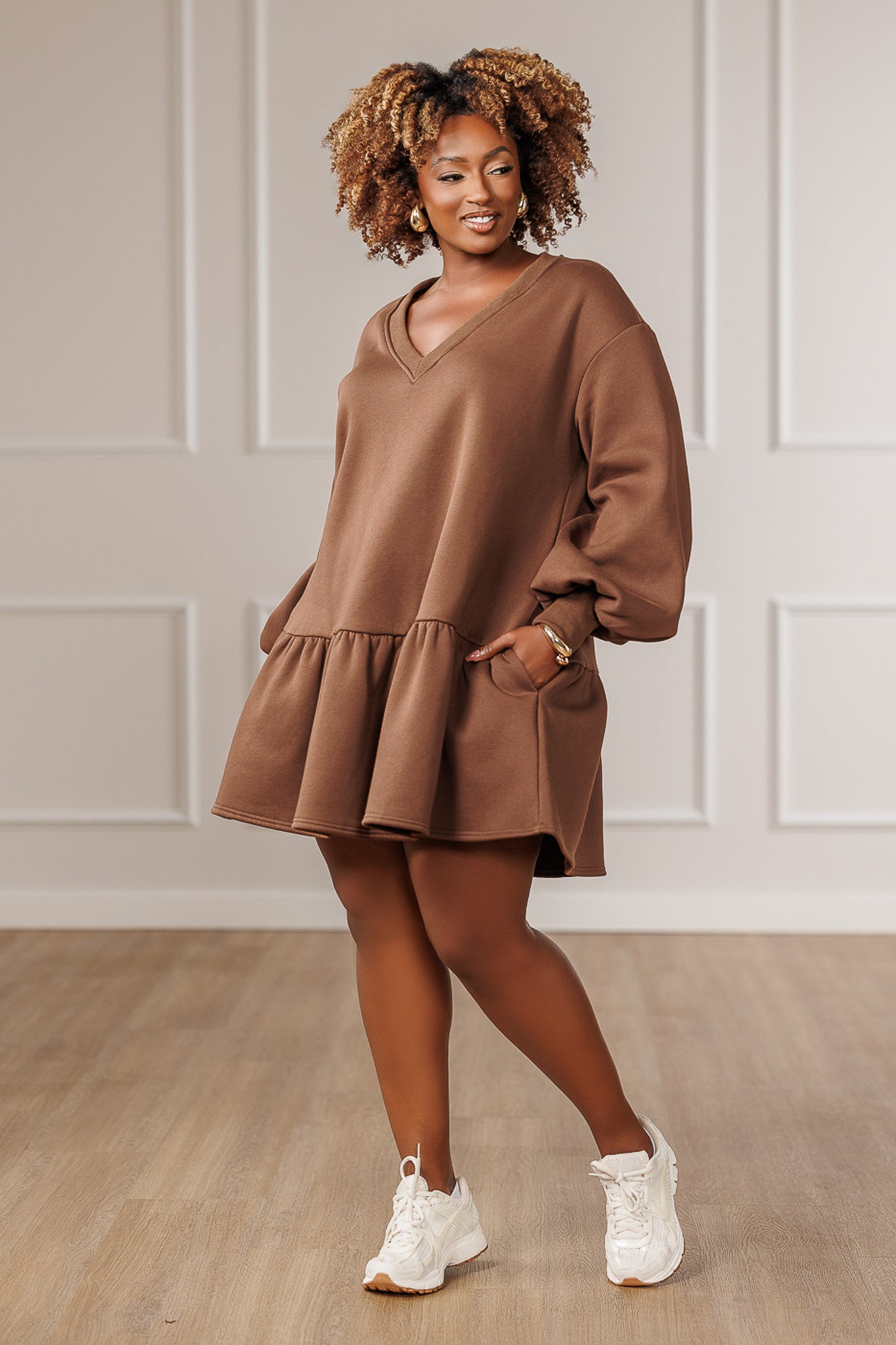 Nina Fleece Ruffle Hem Dress - Mocha