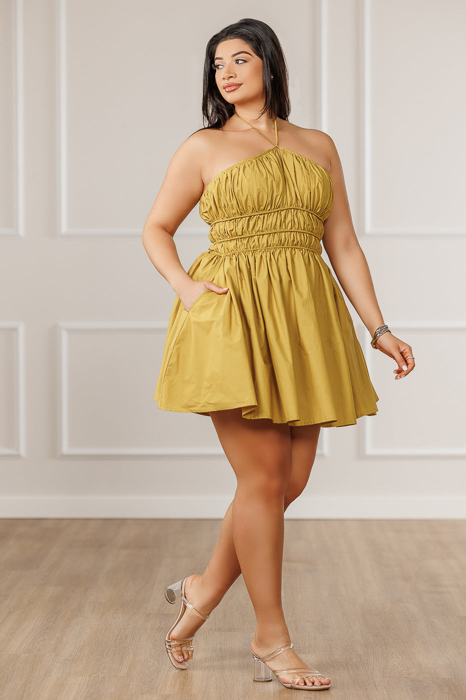 FINAL SALE - Parker Smocked Halter Mini Dress - Golden Lime