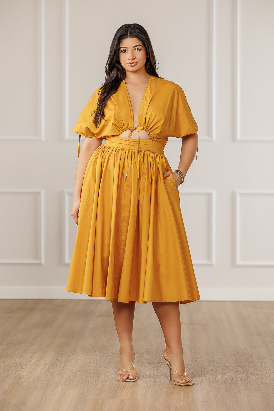 FINAL SALE - Naomi Ruched Cut Out Dress - Mustard