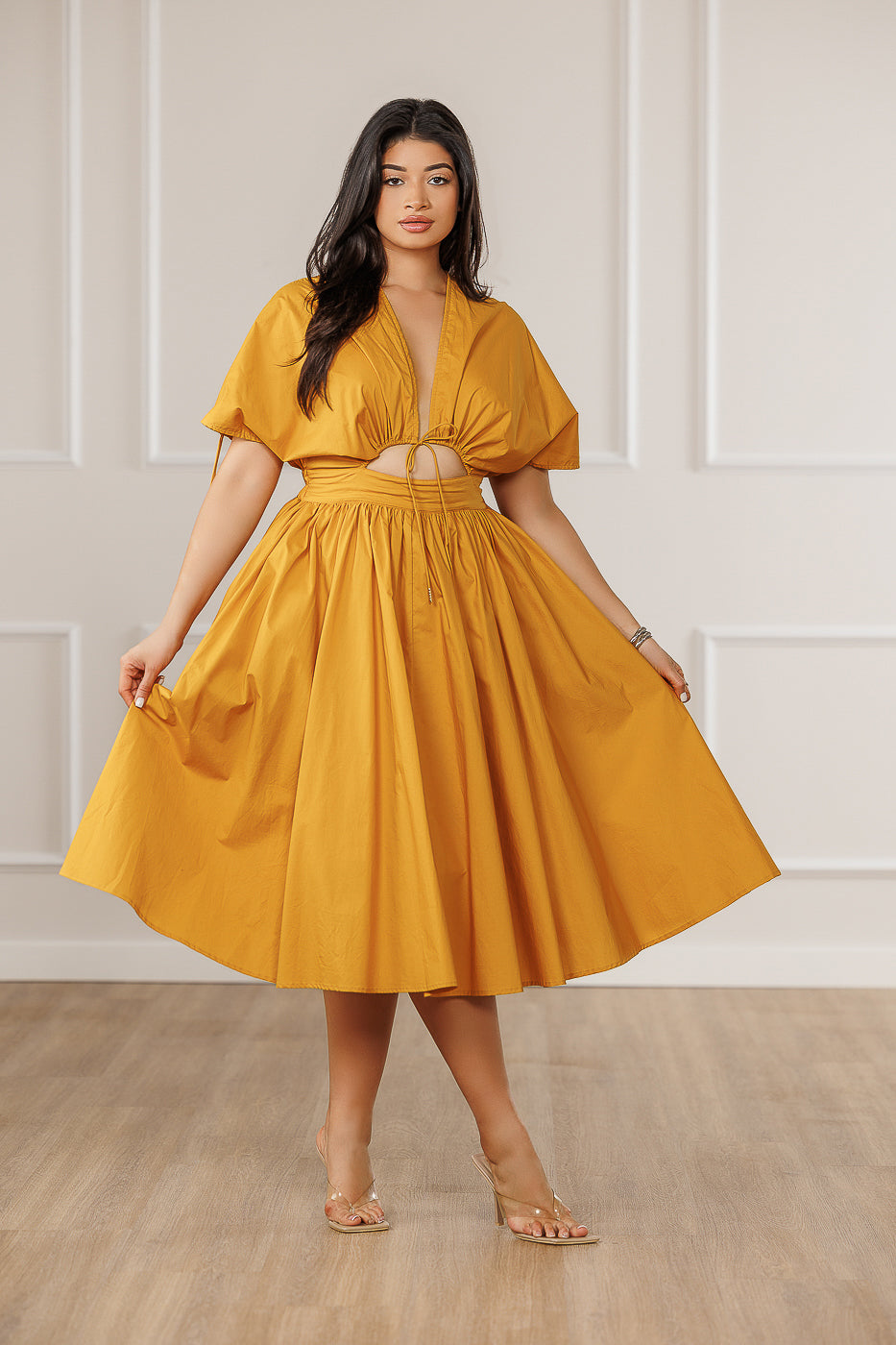 FINAL SALE - Naomi Ruched Cut Out Dress - Mustard