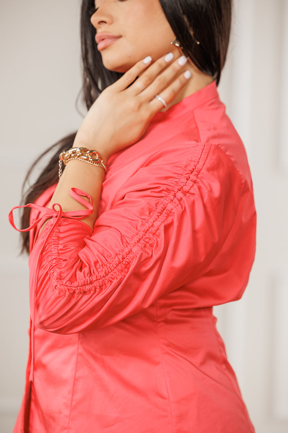 FINAL SALE - Sylvia Ruched Sleeves Top - Deep Coral