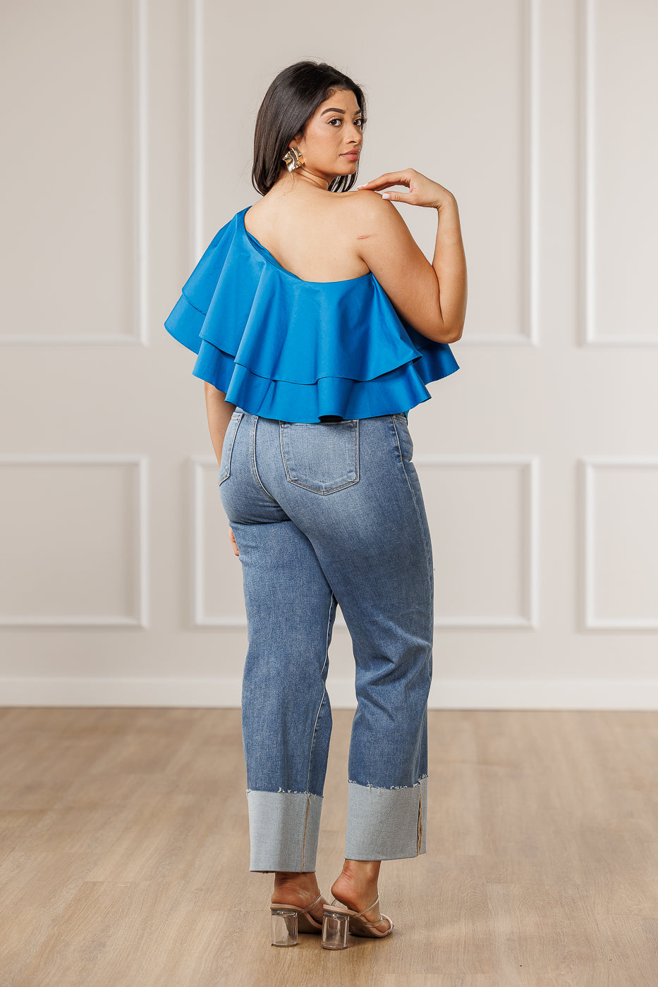 FINAL SALE - Kenie Asymmetrical Flounced Top - Blue