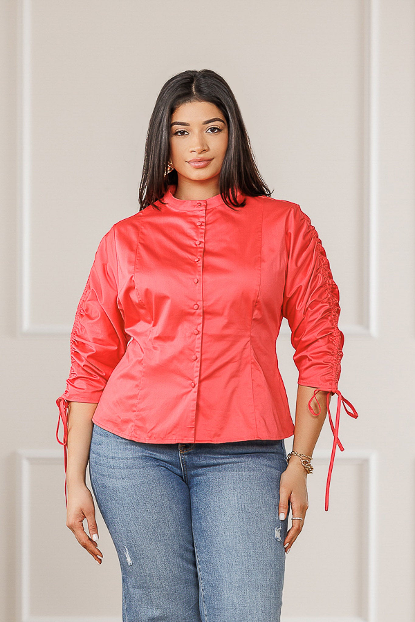 FINAL SALE - Sylvia Ruched Sleeves Top - Deep Coral