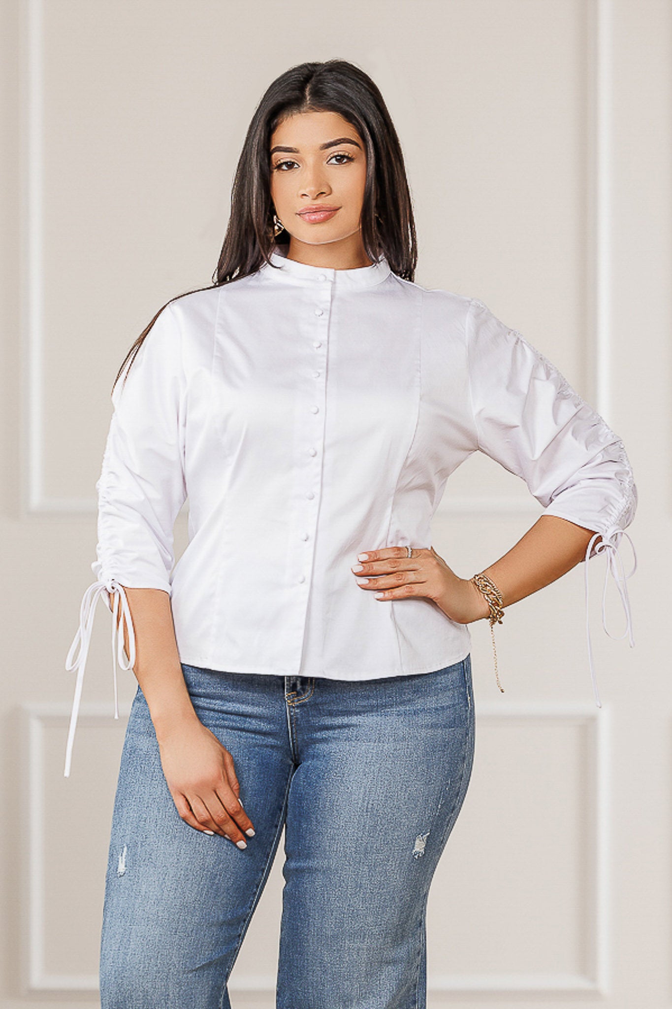 FINAL SALE - Sylvia Ruched Sleeves Top - White