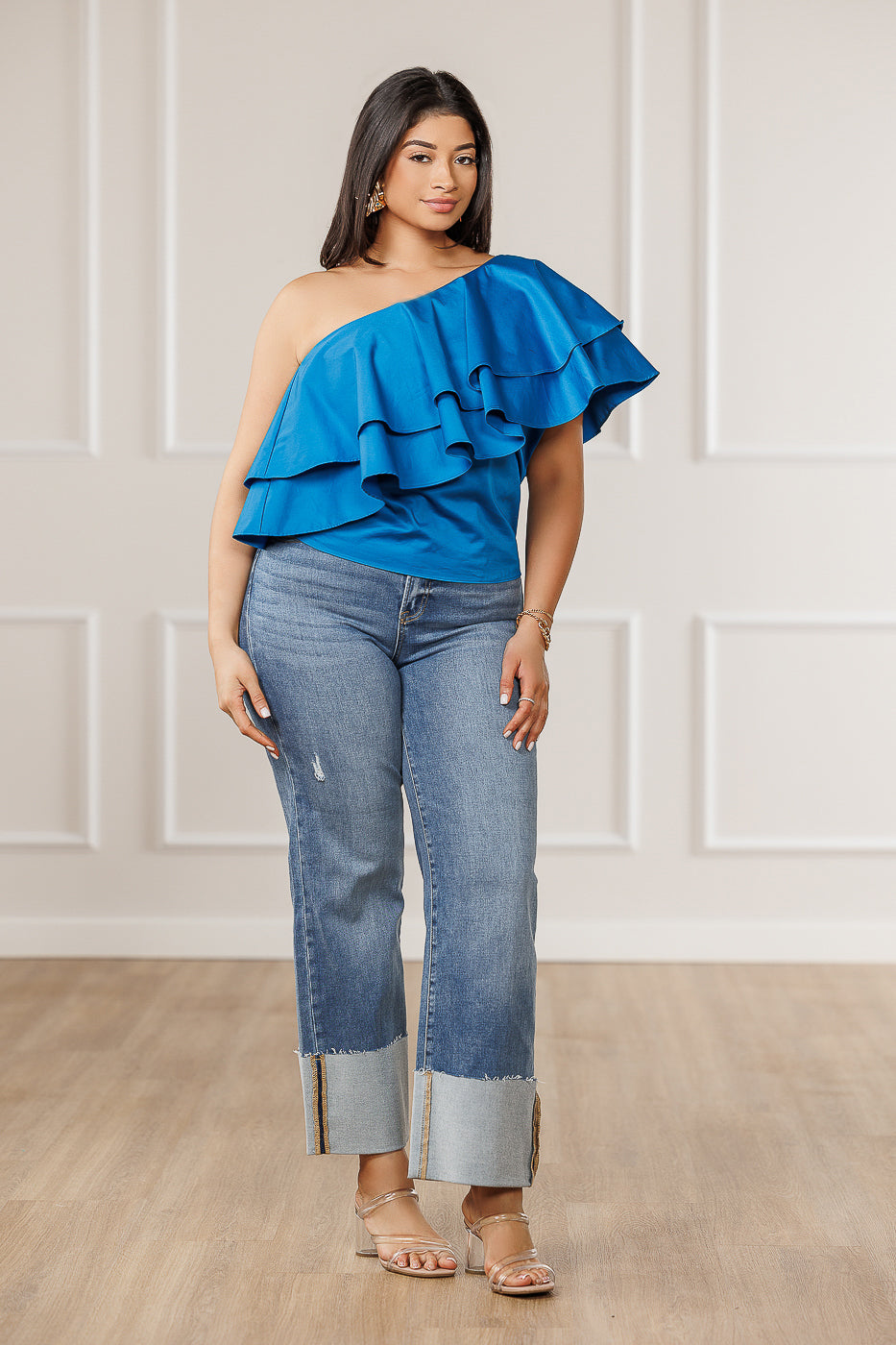 FINAL SALE - Kenie Asymmetrical Flounced Top - Blue