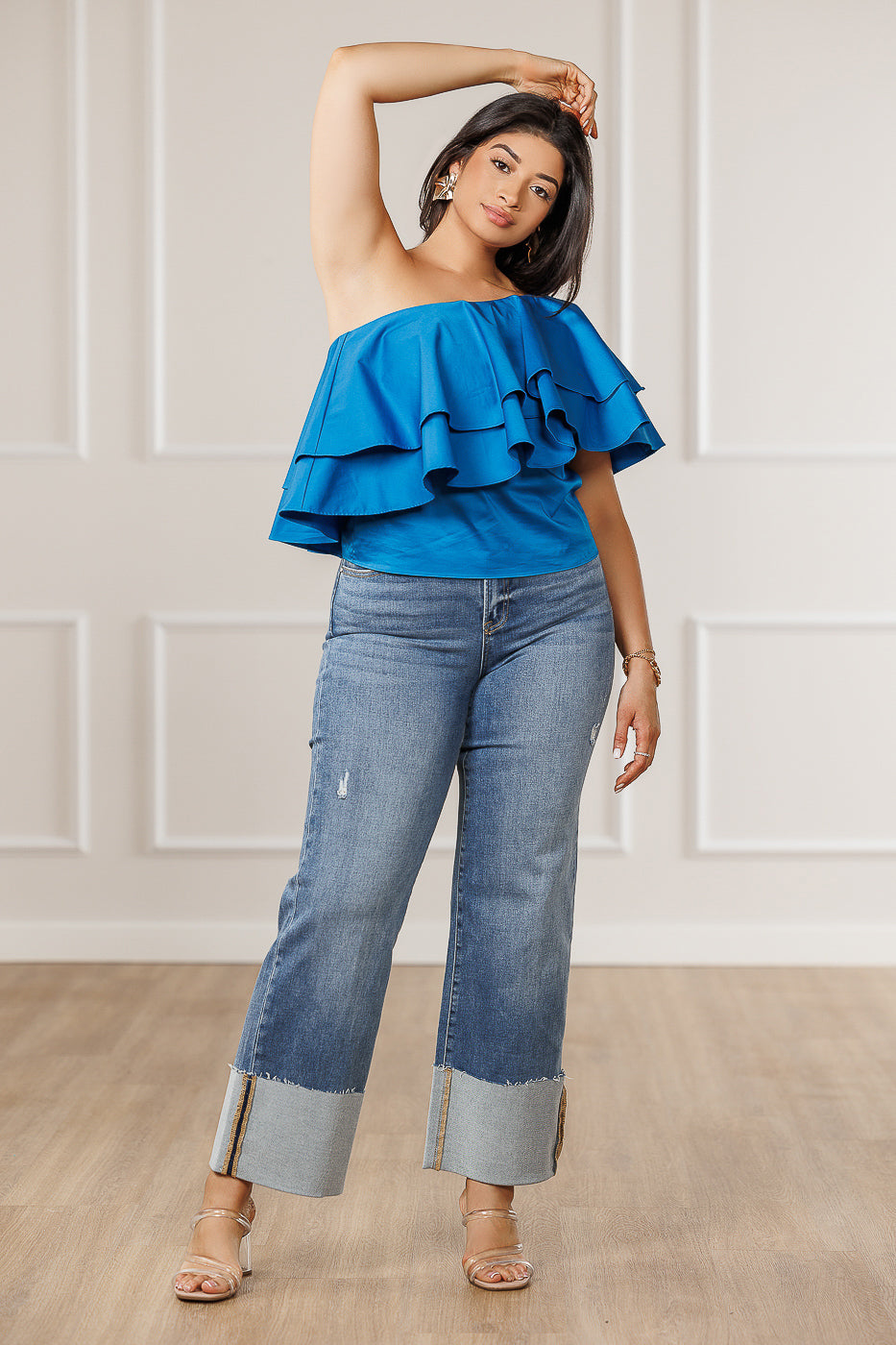 FINAL SALE - Kenie Asymmetrical Flounced Top - Blue