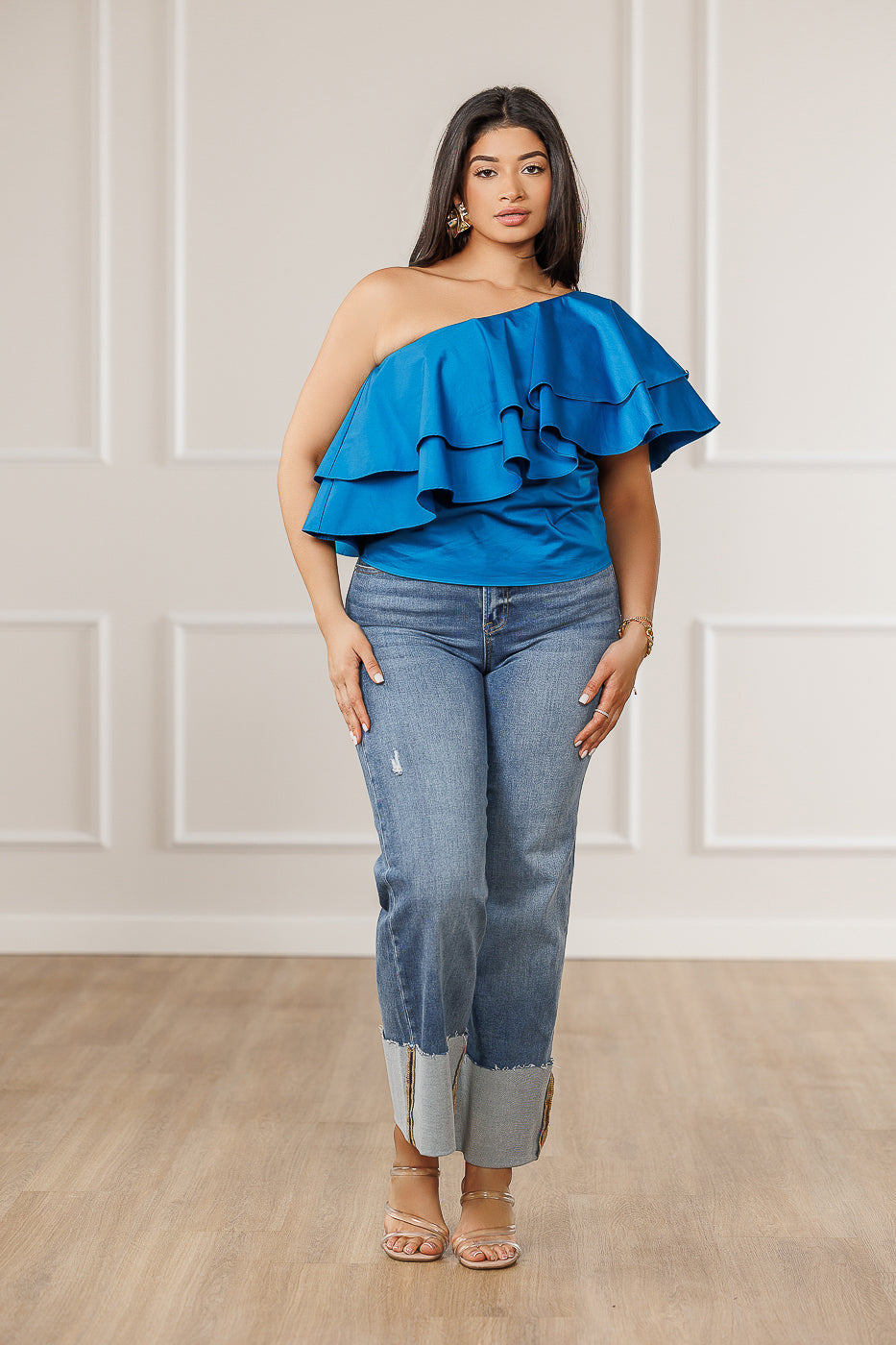 FINAL SALE - Kenie Asymmetrical Flounced Top - Blue