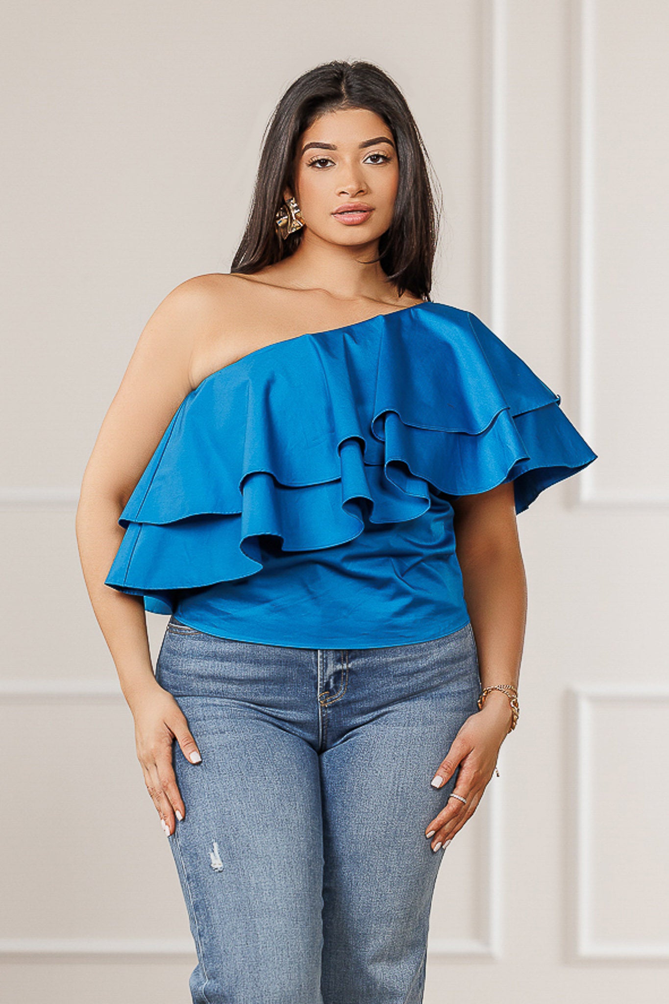 FINAL SALE - Kenie Asymmetrical Flounced Top - Blue