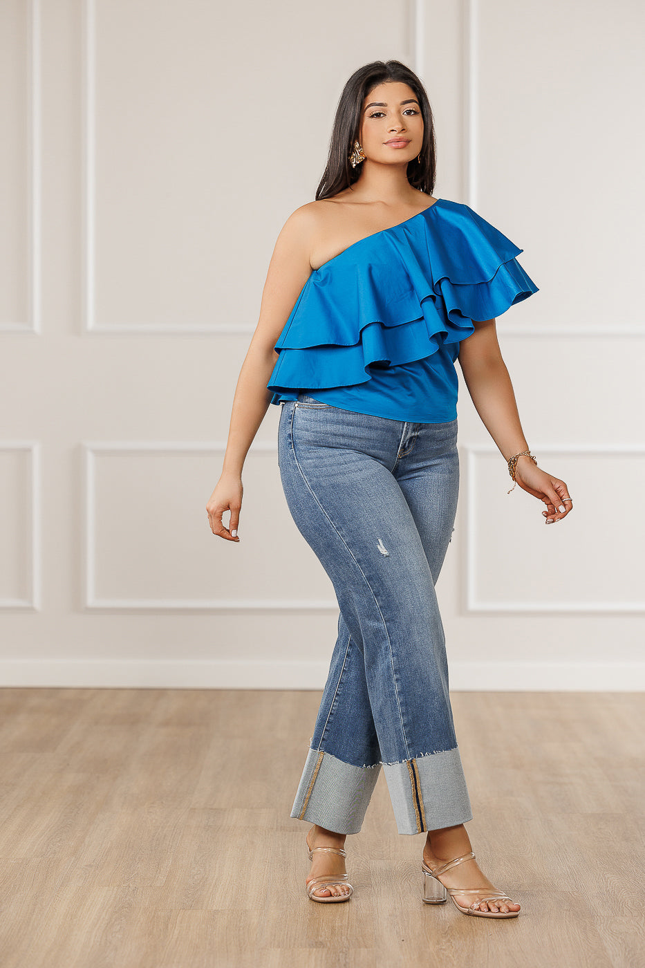 FINAL SALE - Kenie Asymmetrical Flounced Top - Blue