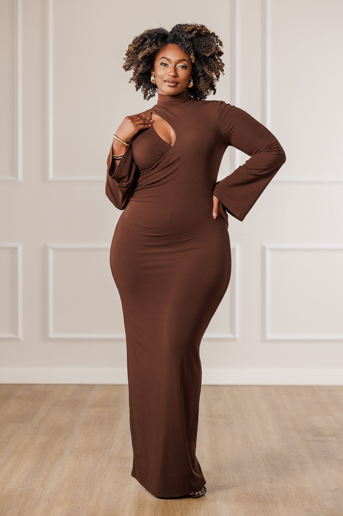 Devyn Cut-Out Ruched Dress - Brown