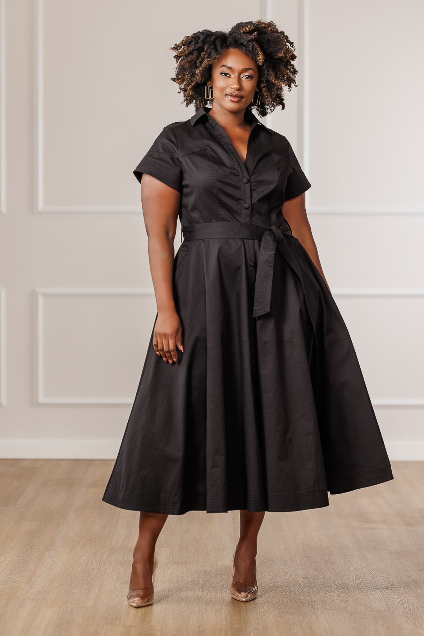 Blaine Button Down Midi Dress - Black