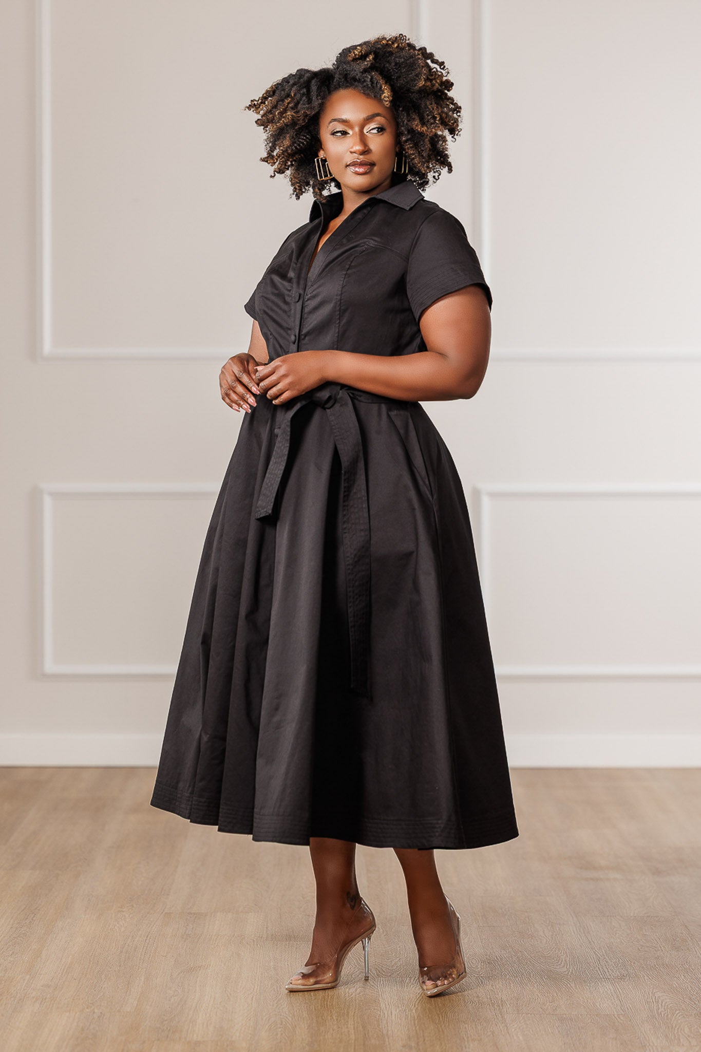 Blaine Button Down Midi Dress - Black