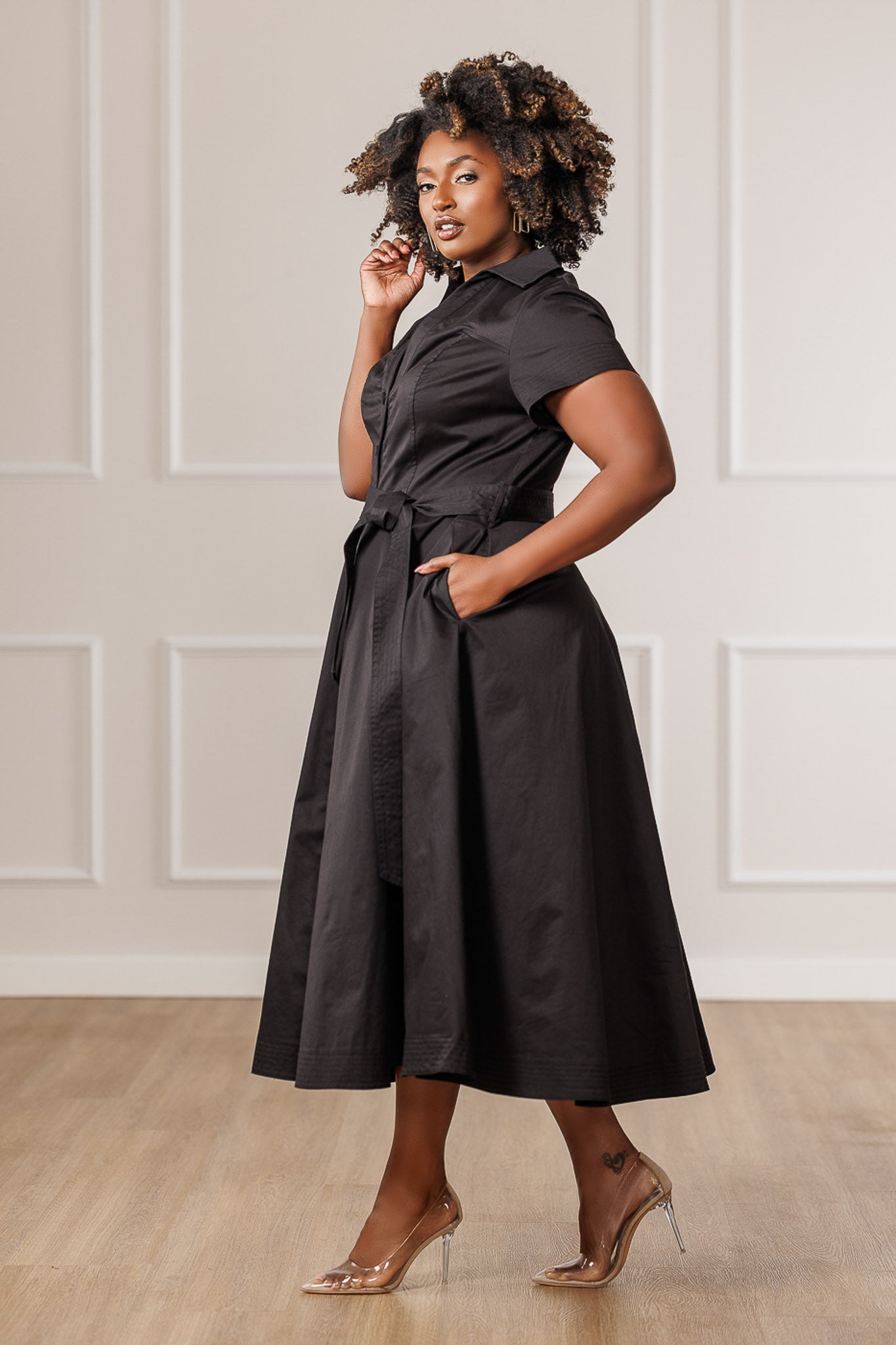 Blaine Button Down Midi Dress - Black