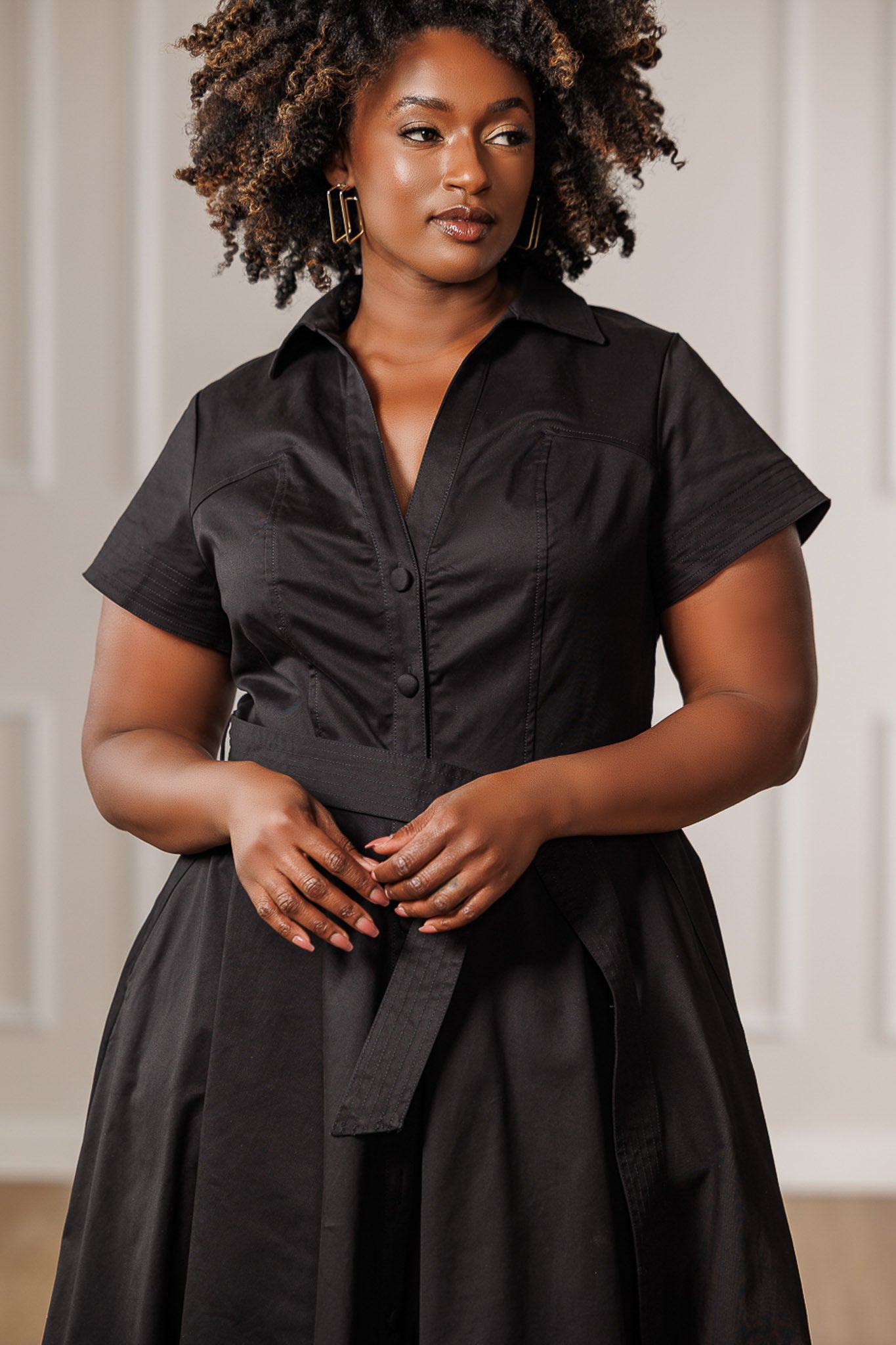 Blaine Button Down Midi Dress - Black