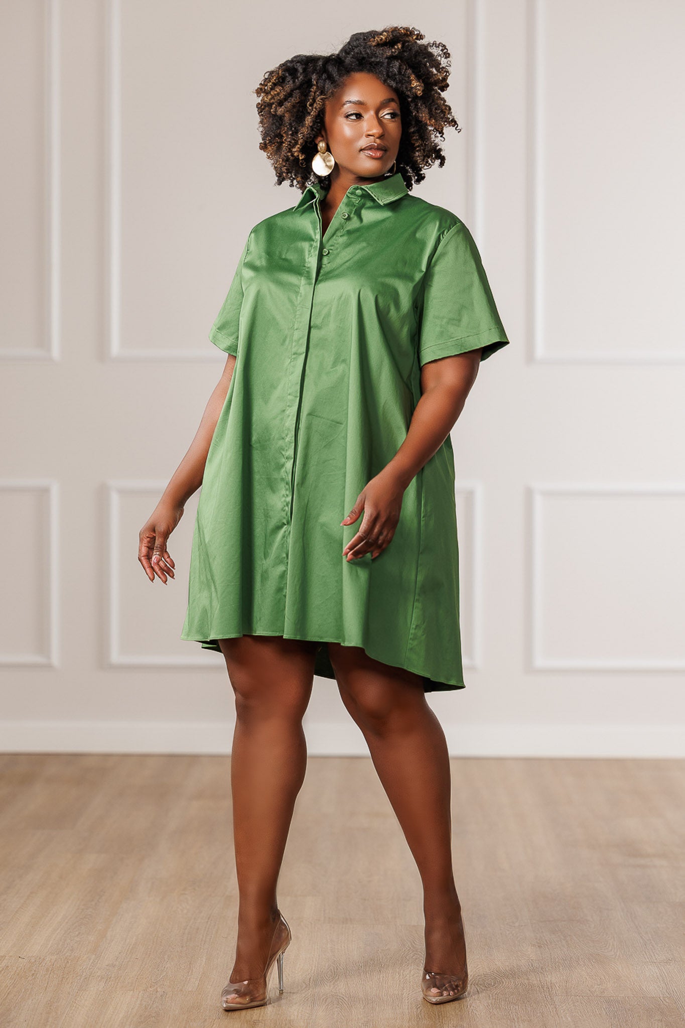 Reva Flared Shirt Dress - Green