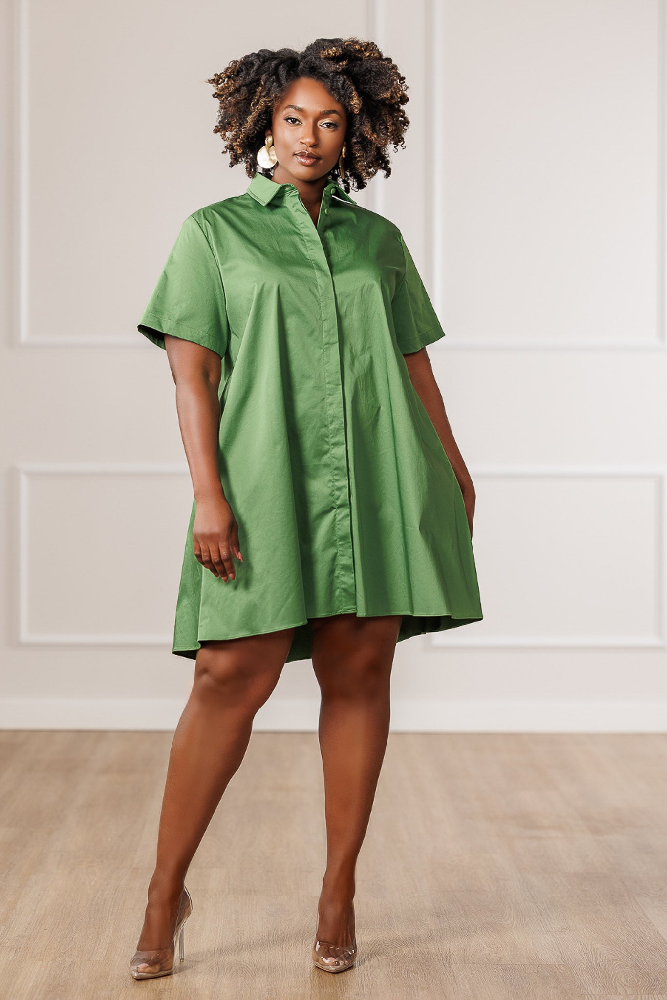Reva Flared Shirt Dress - Green