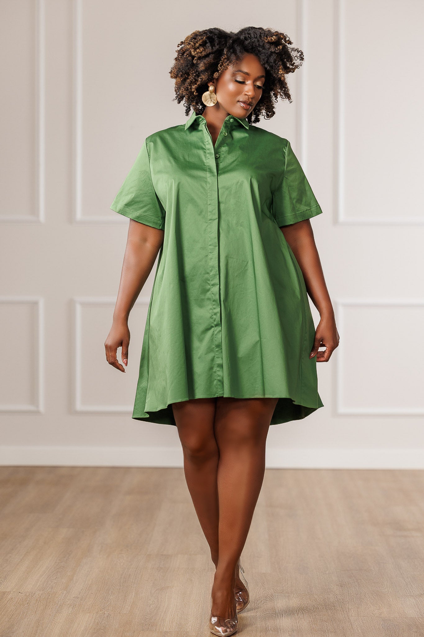 Reva Flared Shirt Dress - Green