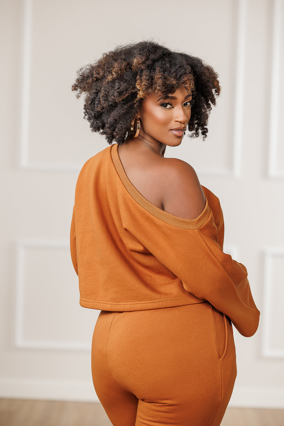 Raya Fleece Off Shoulder Asymmetric Top - Cognac