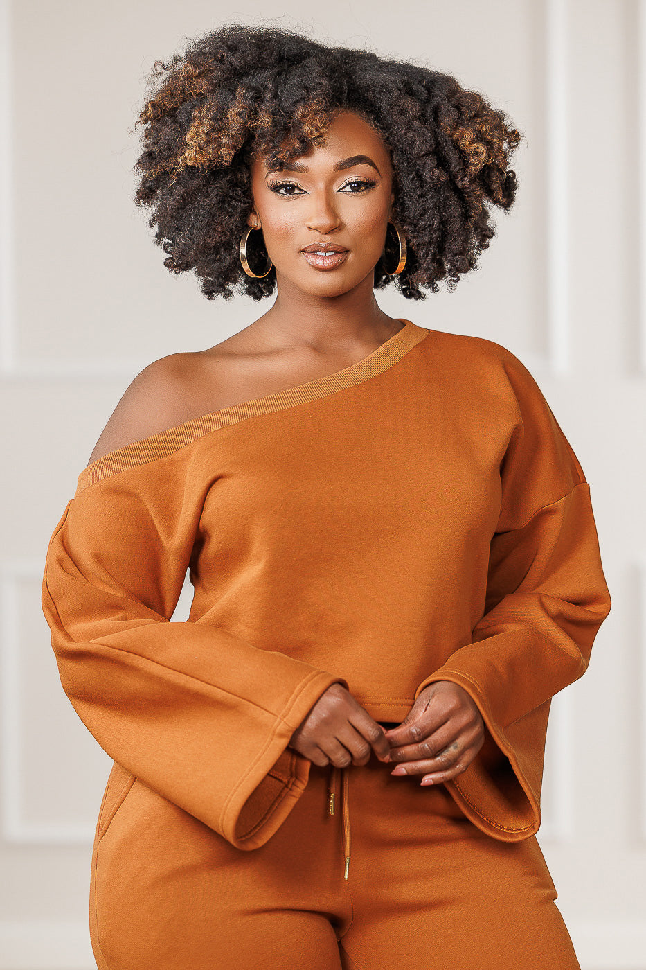 Raya Fleece Off Shoulder Asymmetric Top - Cognac