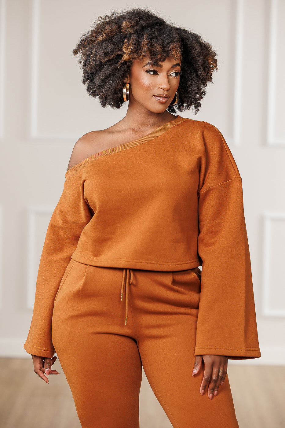Raya Fleece Off Shoulder Asymmetric Top - Cognac