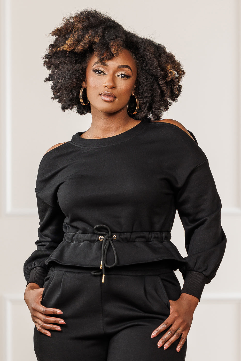Calia Fleece Cold Shoulder Peplum Top - Black