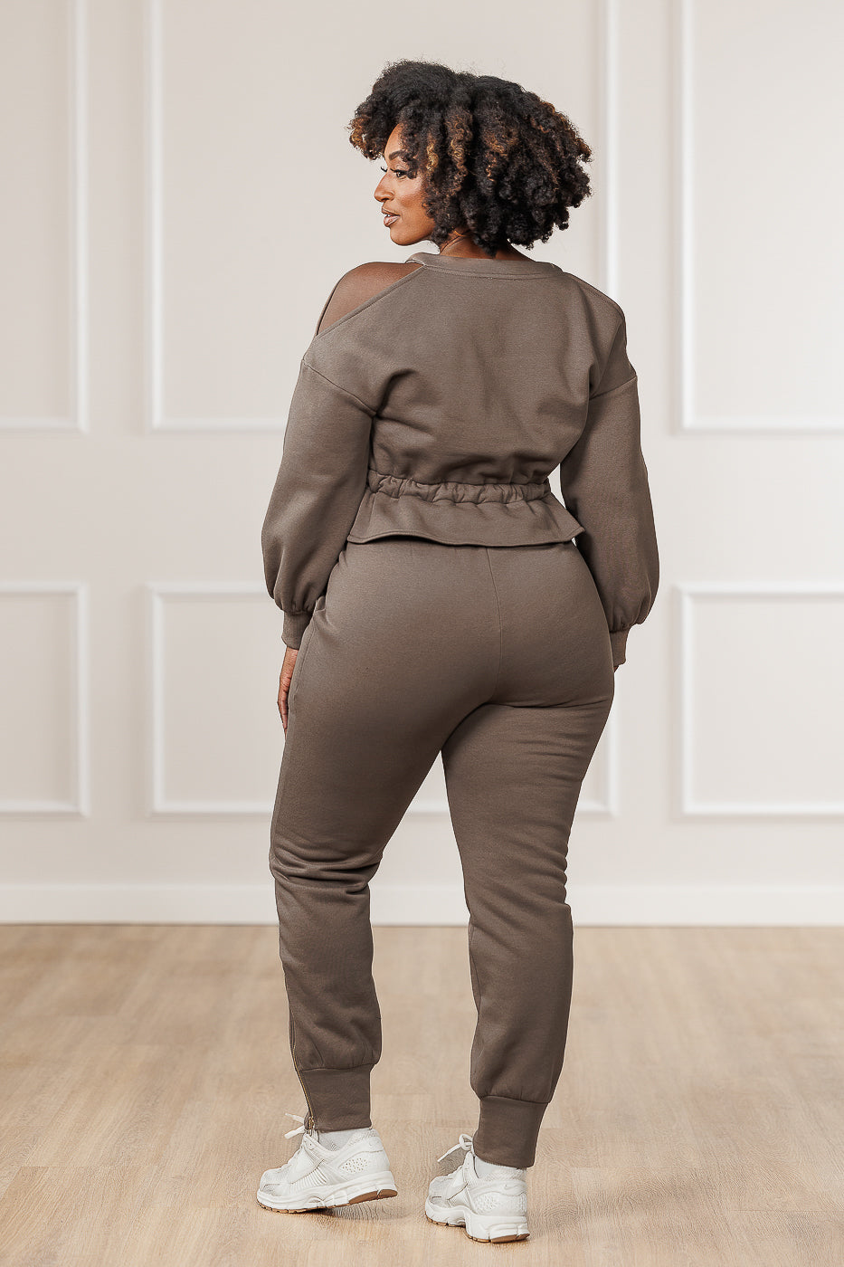 Calia Fleece Cold Shoulder Peplum Top - Mink